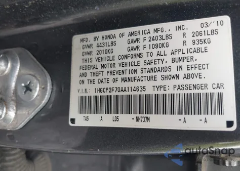 2010 Honda Accord 2.4 Ex from USA, damaged, VIN 1HGCP2F70AA114635